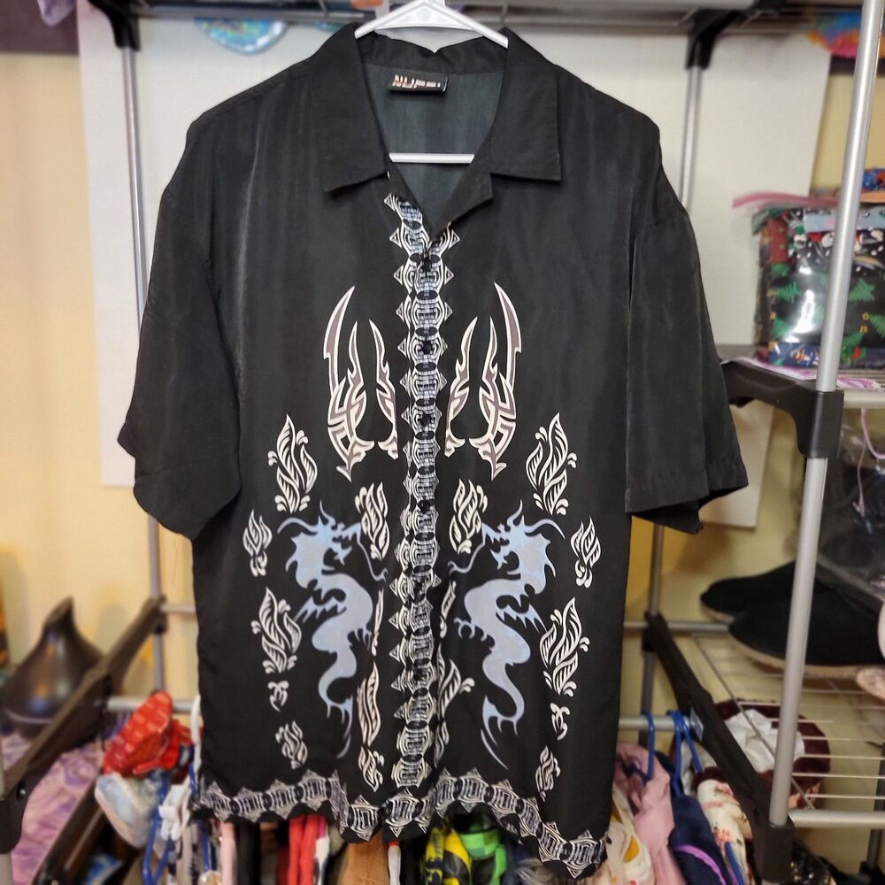 Nucci Micro Fiber Full Button SS Dragon Graphic Black - Size Large